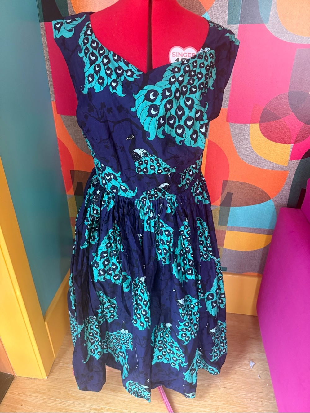 Modcloth Navy & Teal Peacock-Print Midi Dress